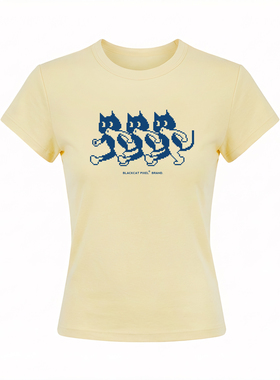 黑喵像素 夏季猫猫好朋友印花复古修身紧身短袖正肩t恤短版