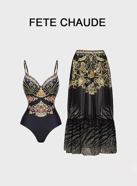 FETECHAUDE泳衣女黑色高级性感V领显瘦比基尼海边沙滩连体裙