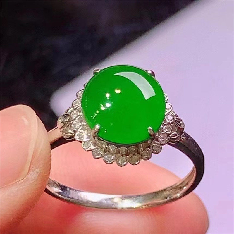 冰种正阳绿蛋面翡翠戒指18k金镶嵌缅甸天然a货帝王绿满绿戒面女士