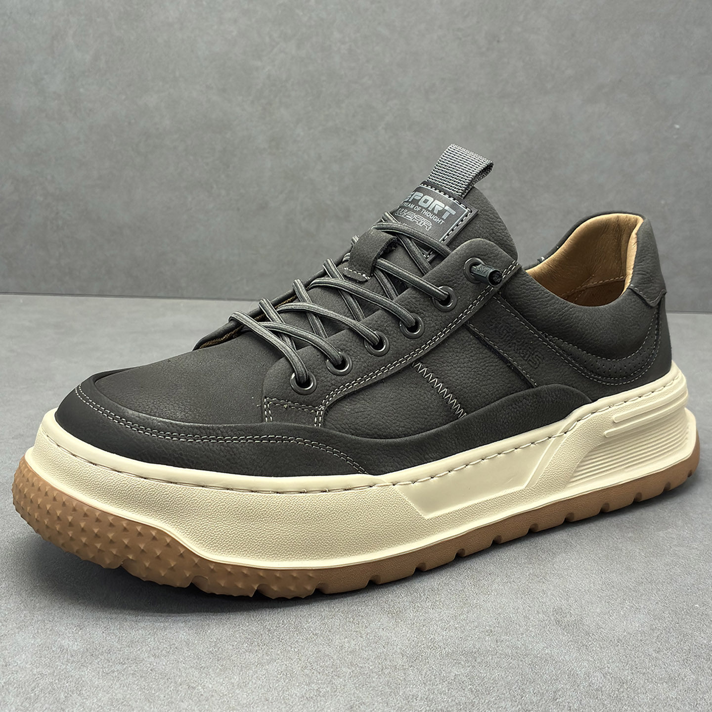 秋冬男士真皮厚底休闲板鞋灰色复古一脚蹬耐磨轻便潮鞋增高男鞋,流行男鞋,休闲板鞋,淘宝优惠券,粉丝福利购,淘宝优惠卷