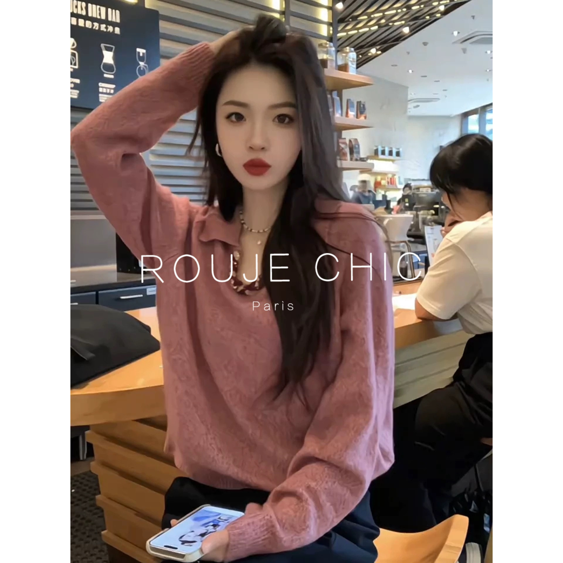 法国粉色翻领长袖针织衫女秋冬季