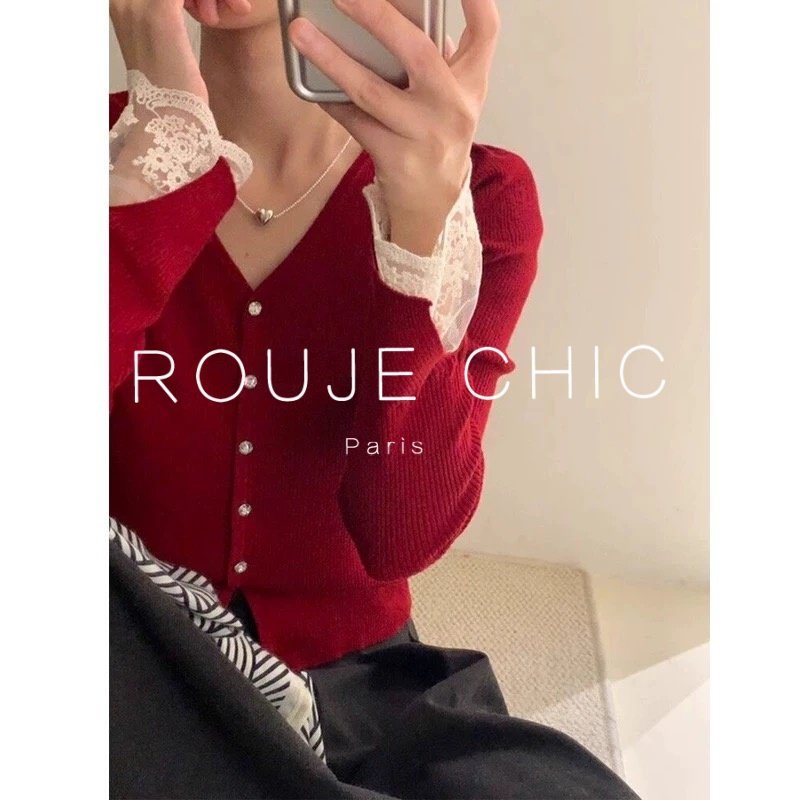 ROUJE CHIC法式新年红色蕾丝拼接V领针织开衫女春毛衣内搭打底衫,女装/女士精品,大码内搭,淘宝优惠券,粉丝福利购,淘宝优惠卷