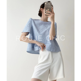 T恤上衣女夏 ROUJE CHIC法式 设计感蓝色宽松洋气立体印花短款 半袖