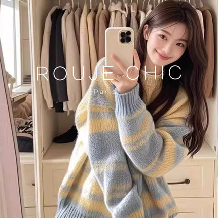 ROUJE CHIC法式多巴胺撞色条纹针织衫女秋冬季慵懒风宽松加厚毛衣