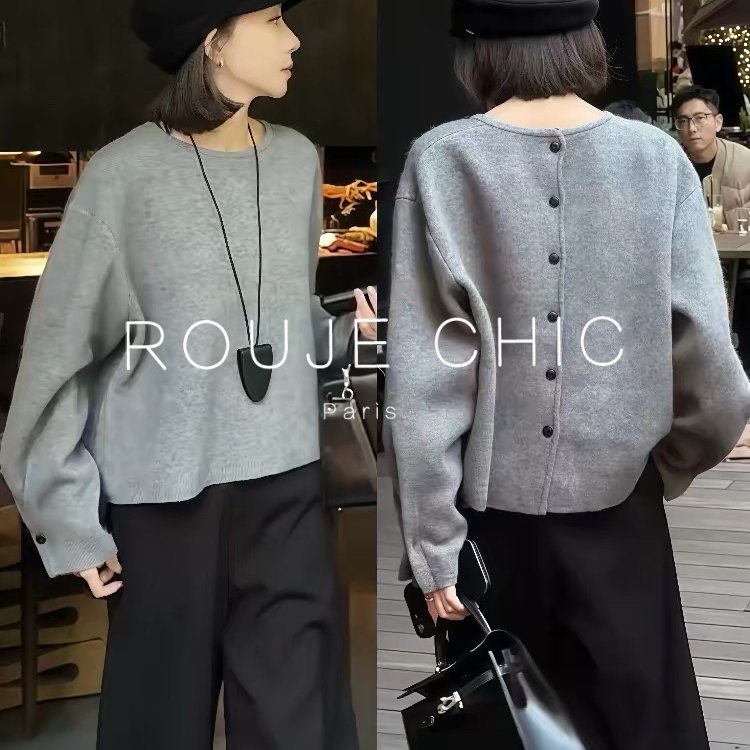 ROUJE CHIC法式设计感后背单排扣针织衫女秋冬灰色宽松低圆领毛衣,女装/女士精品,大码内搭,淘宝优惠券,粉丝福利购,淘宝优惠卷
