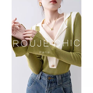 ROUJE CHIC法式早秋复古V领长袖针织衫女设计感小众毛衣打底衫