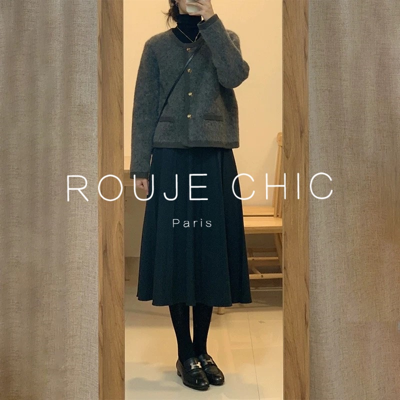 法国黑色毛呢中长款半身裙女秋冬