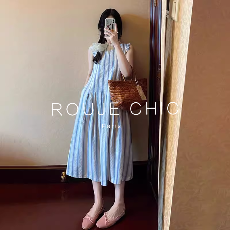 ROUJE CHIC法式海边度假风条纹背心连衣裙女夏季茶歇小众显瘦长裙