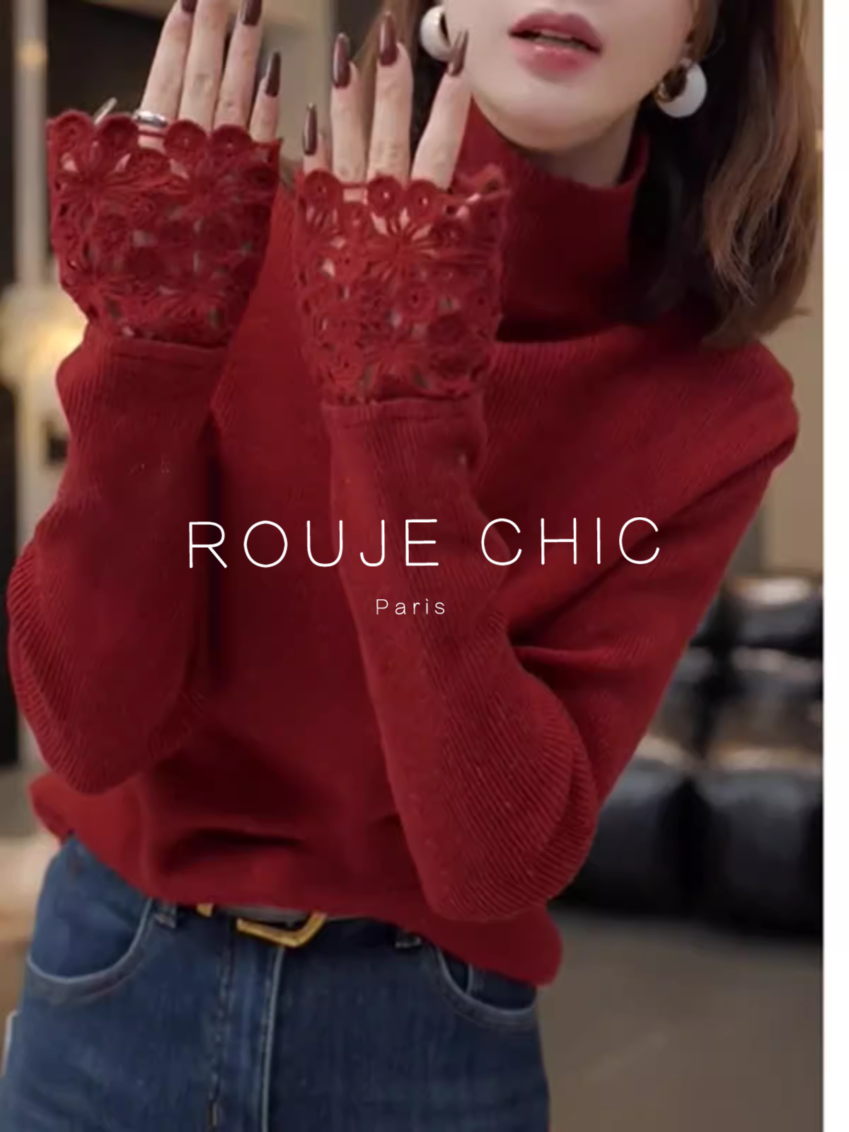 ROUJE CHIC法式红色蕾丝袖口拼接高领针织衫女毛衣内搭上衣秋冬