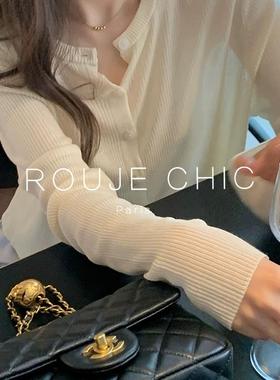 ROUJE CHIC法式白色防晒冰丝针织开衫女早春宽松奶fufu空调衫上衣