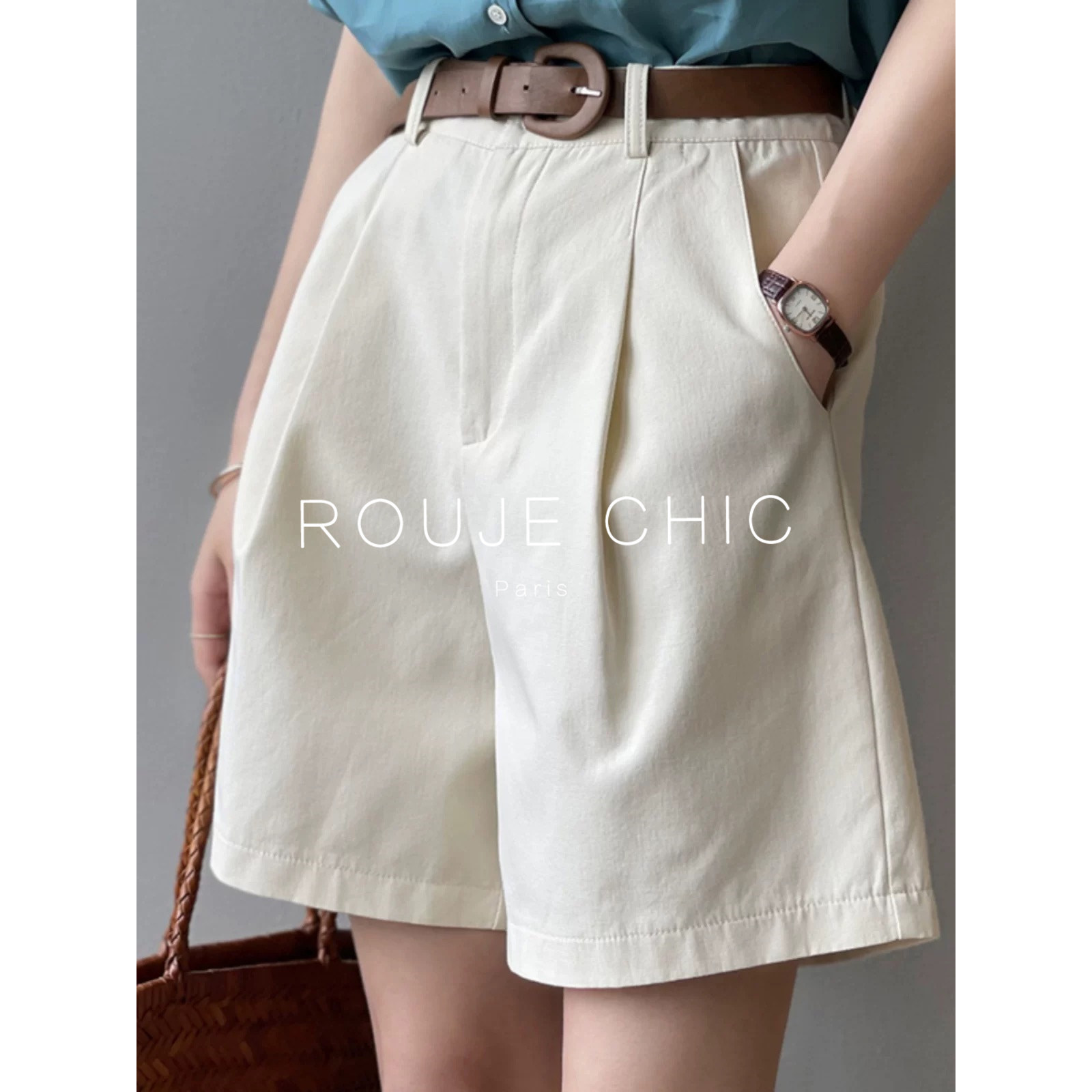 ROUJE CHIC法式高级感高腰宽松阔腿西装裤女夏棉麻工装裤五分裤子