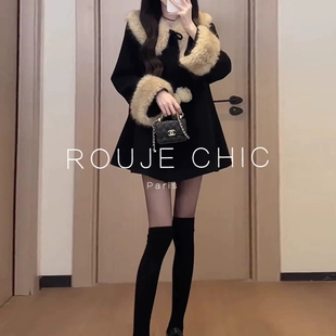 ROUJE CHIC法式高级感气质黑色毛呢外套女秋冬毛茸茸毛领斗篷大衣