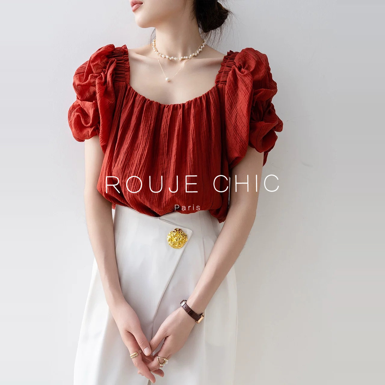 ROUJE CHIC法式红色方领泡泡袖衬衫女夏气质小众雪纺短袖衬衣上衣