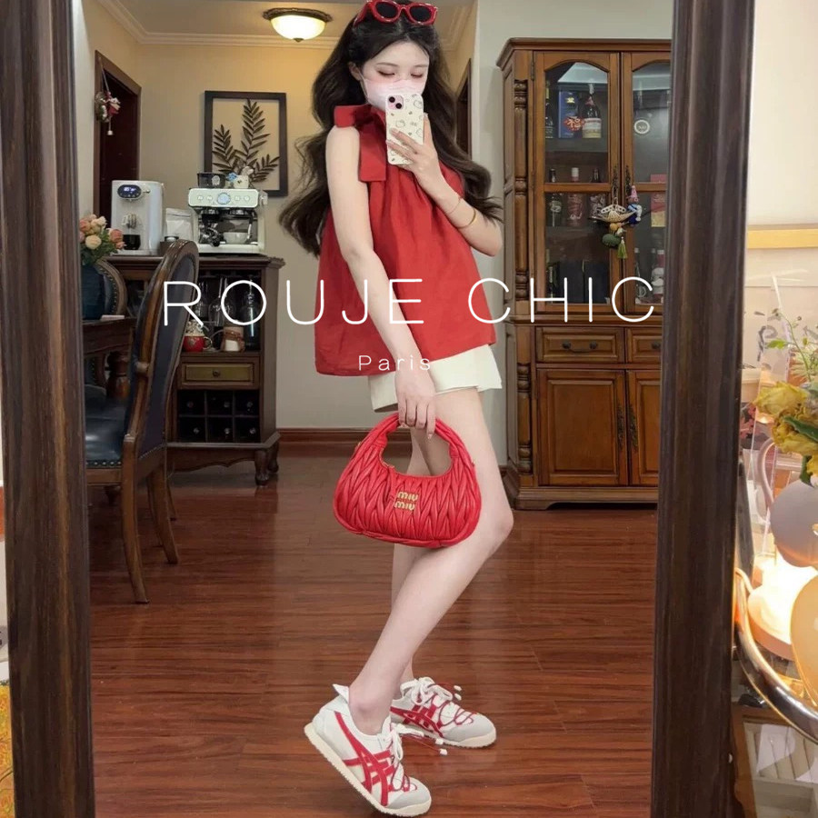 ROUJE CHIC法式甜美风红色蝴蝶结挂脖吊带背心女夏季别致无袖上衣