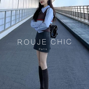 ROUJE CHIC法式复古学院风穿搭女秋冬衬衫叠穿马甲针织时尚套装