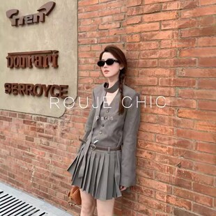 连衣裙女气质千金收腰百褶短裙 复古学院风V领西装 ROUJE CHIC法式