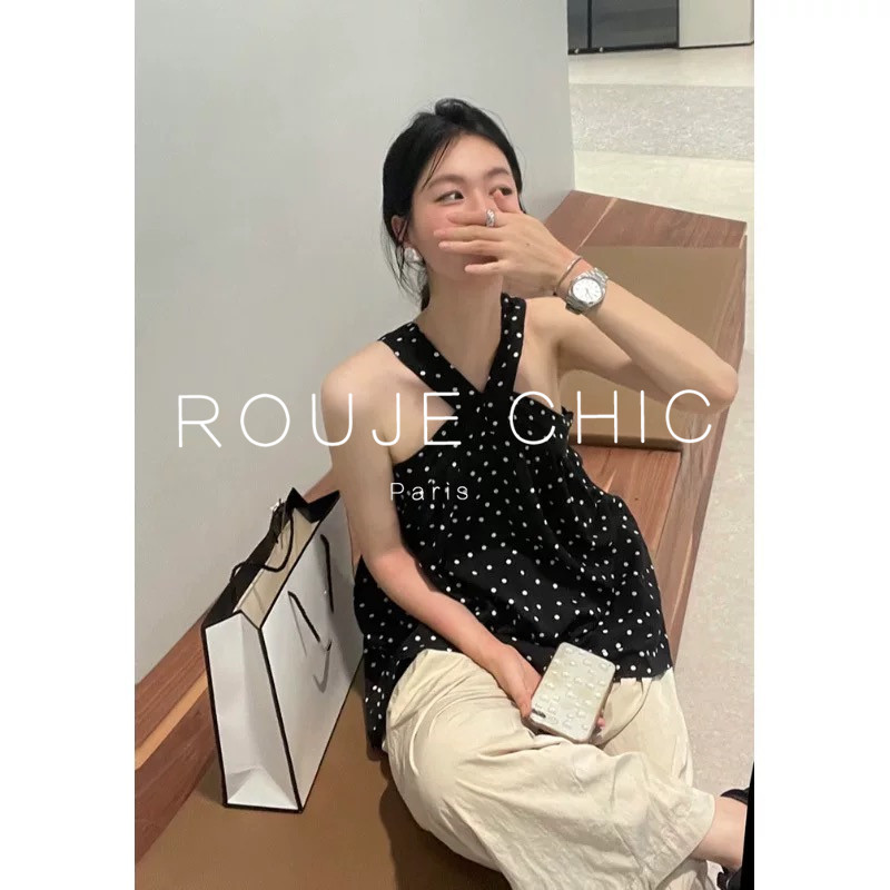 ROUJE CHIC法式挂脖无袖两穿波点吊带背心女夏气质外穿中长款上衣