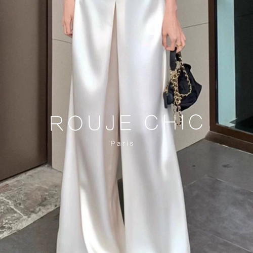 法国时尚缎面高腰白色阔腿裤女春