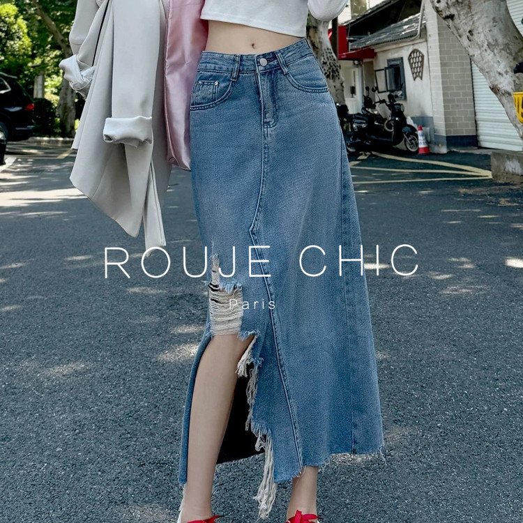 ROUJE CHIC法式复古设计感破洞牛仔半身裙女夏高腰显瘦遮胯中长裙