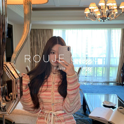 ROUJE CHIC法式气质甜辣风撞色条纹针织开衫女秋冬季粉色毛衣外套