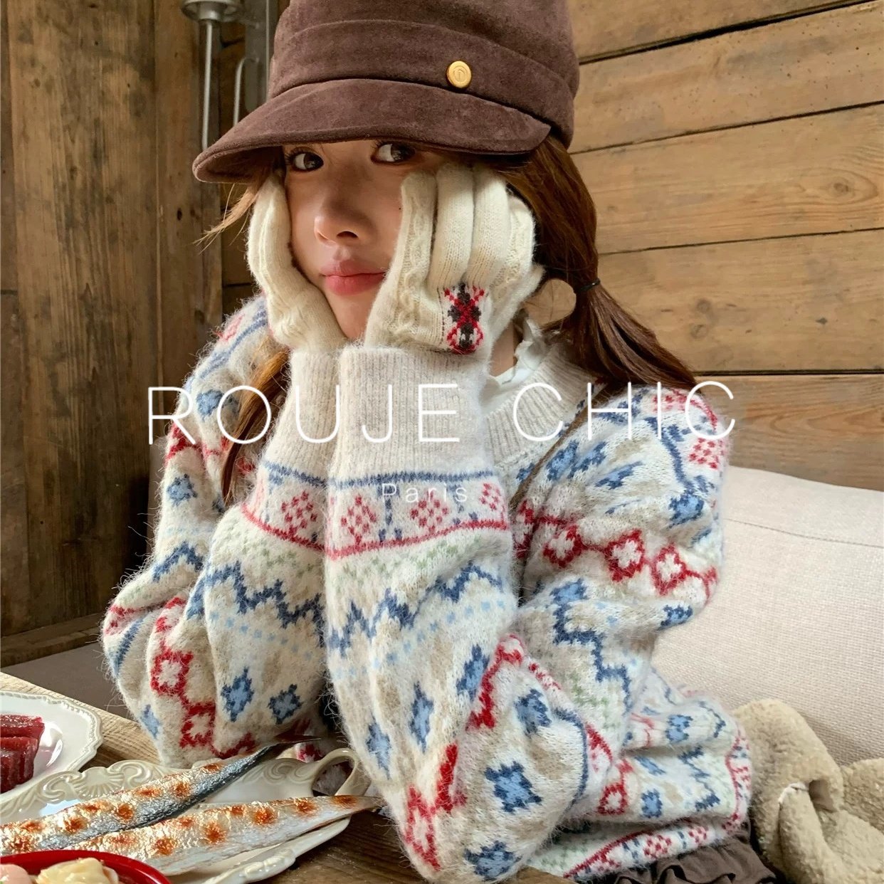 ROUJE CHIC法式费尔岛复古撞色提花圆领毛衣女冬季宽松百搭针织衫,女装/女士精品,大码内搭,淘宝优惠券,粉丝福利购,淘宝优惠卷