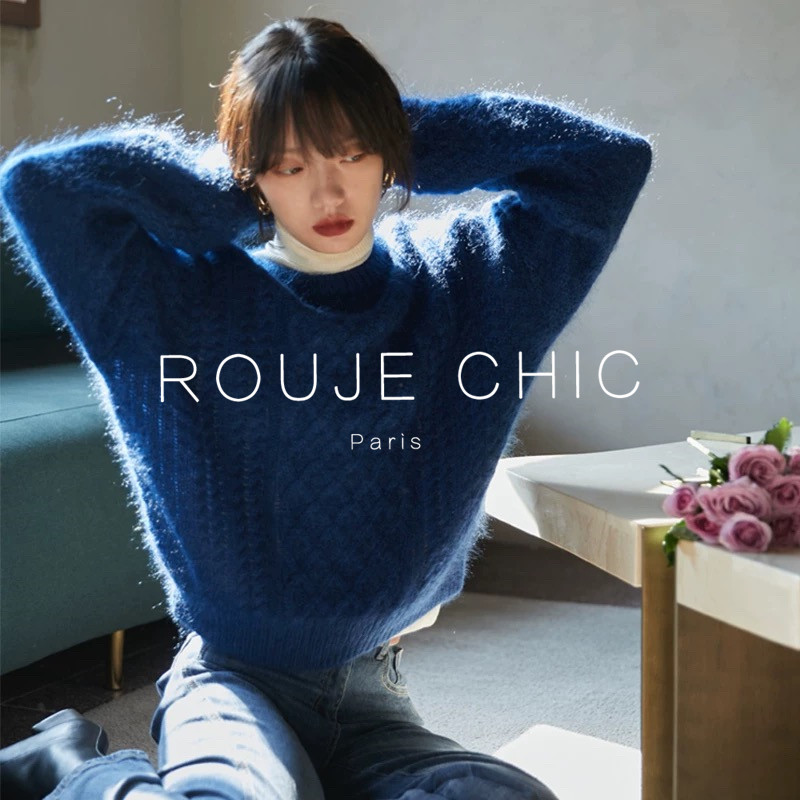 ROUJE CHIC法式克莱因蓝麻花毛衣女秋冬复古慵懒圆领宽松针织上衣