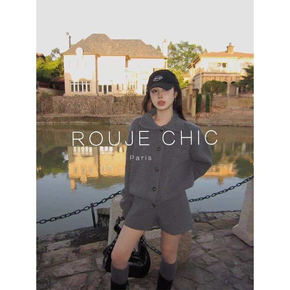 ROUJE CHIC法式高级感灰色polo领休闲毛衣外套短裤两件套女秋冬季