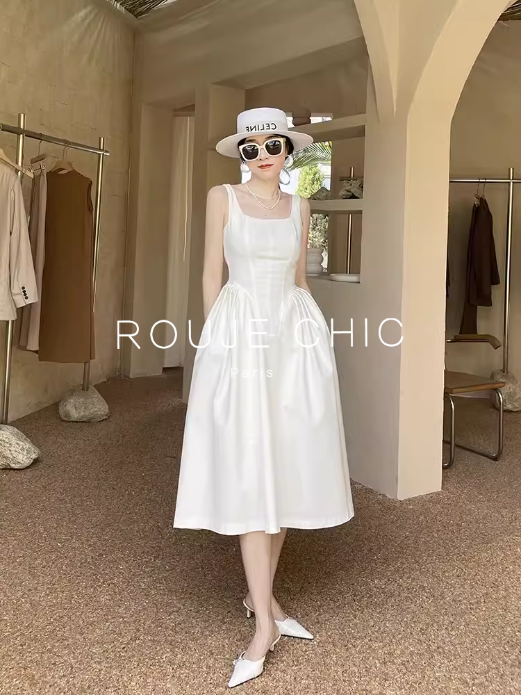 ROUJE CHIC法式赫本风背心裙长款裙子白色吊带连衣裙女夏季高级