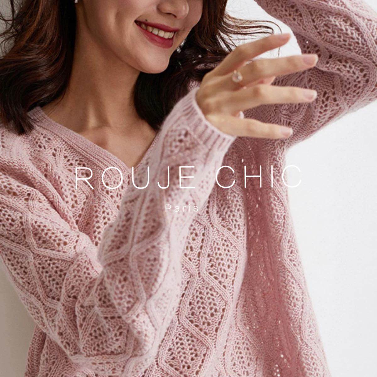 ROUJE CHIC法式V领镂空薄款针织衫女早春设计感小众别致毛衣上衣,女装/女士精品,大码内搭,淘宝优惠券,粉丝福利购,淘宝优惠卷