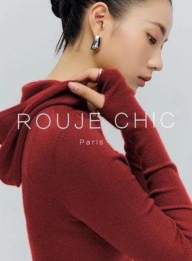 ROUJE CHIC法式红色连帽针织衫女早春季修身显瘦内搭打底毛衣上衣