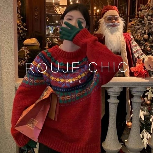法国费尔岛风红色加厚毛衣女秋冬