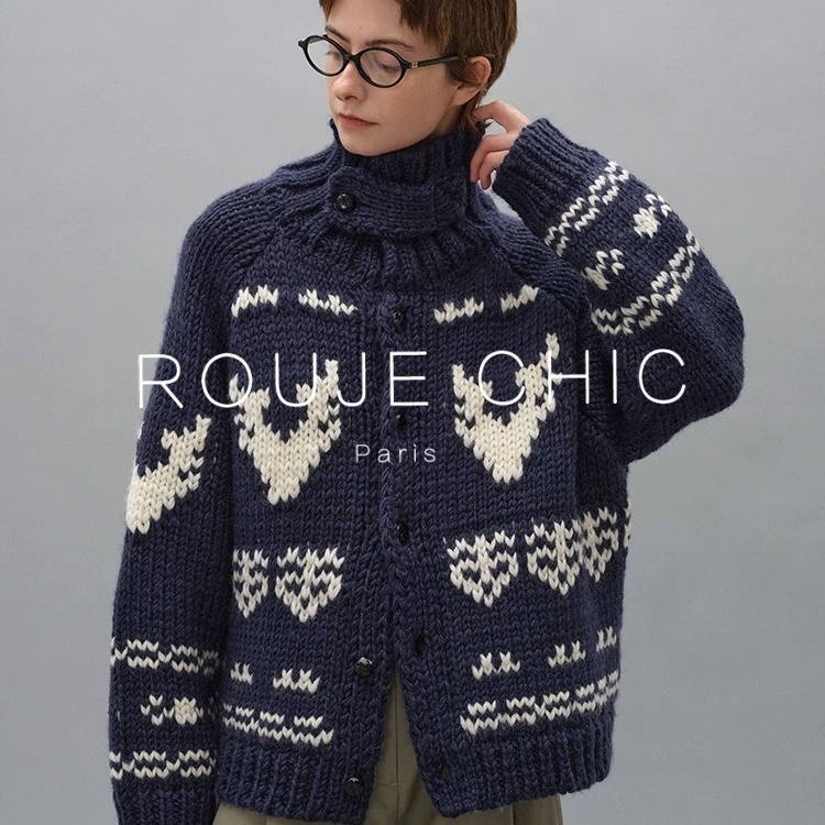 法国费尔岛藏青色高领毛衣外套女