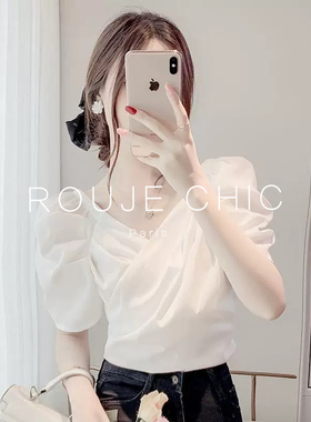 ROUJE CHIC法式白色雪纺短袖衬衫女夏季复古短款露锁骨泡泡袖上衣