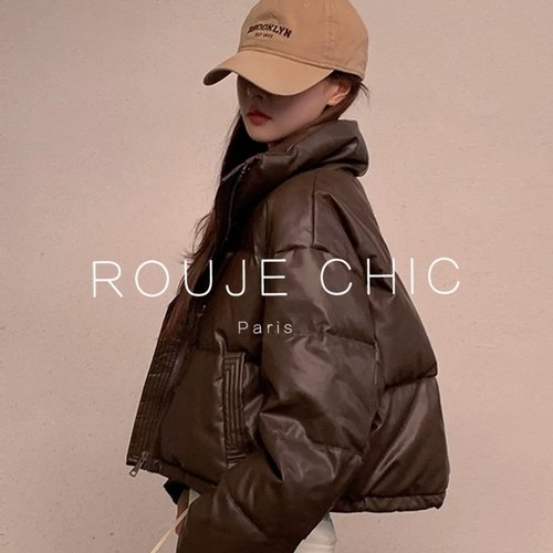 法国棕色短款PU羽绒棉服女秋冬季