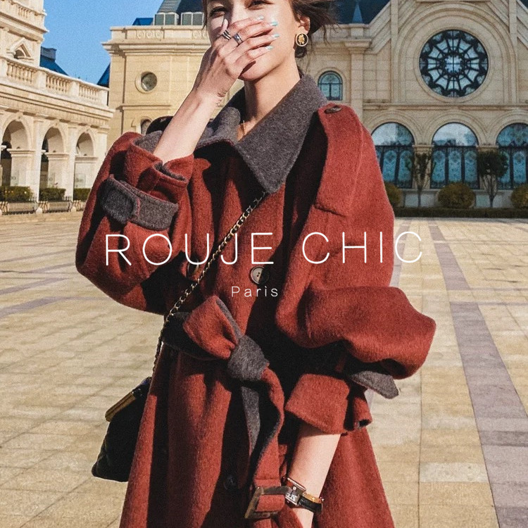 ROUJE CHIC法式轻熟风宽松百搭红色呢子大衣女秋冬季高端毛呢风衣