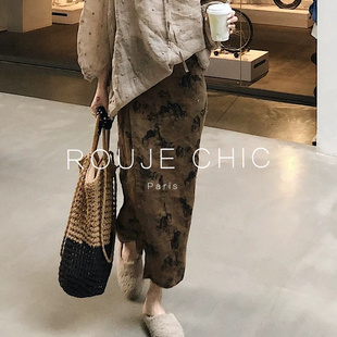 ROUJE CHIC法式复古宽松显瘦薄款印花一片式裹裙半身裙女秋季裙子