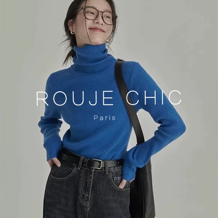 法国蓝色修身高领针织衫女秋冬季