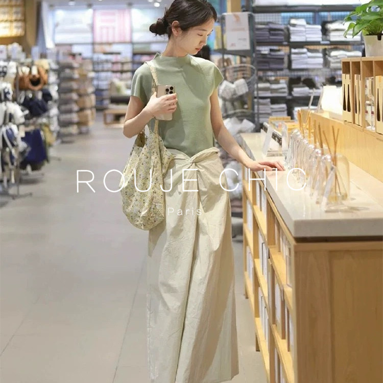 ROUJE CHIC法式复古绿色短袖针织衫女夏洋气甜美T恤半身裙两件套