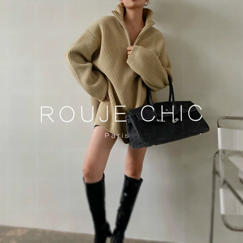 ROUJE CHIC法式慵懒风高领拉链针织衫女秋冬季中长款加厚套头毛衣,女装/女士精品,大码内搭,淘宝优惠券,粉丝福利购,淘宝优惠卷