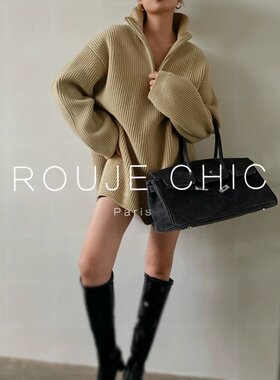 法国慵懒风高领拉链针织衫女秋冬