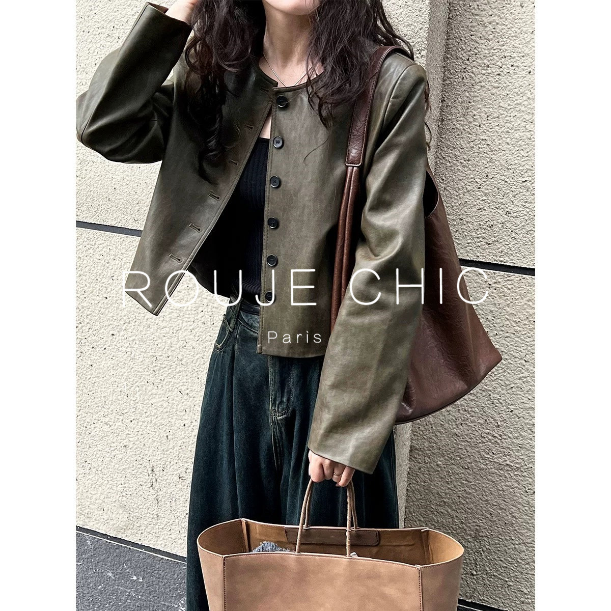 ROUJE CHIC法式复古皮衣外套女秋百搭显瘦单排扣pu机车服皮夹克潮