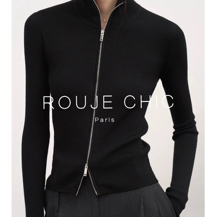 ROUJE CHIC法式气质双拉链针织开衫外套女秋冬半高领打底毛衣上衣