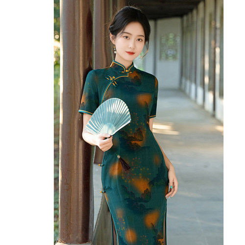 绿色长旗袍走秀演出服复古中国风