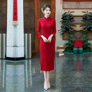 中国红大红色旗袍走秀演出服小个子妈妈外嫁女回娘家连衣裙春秋装