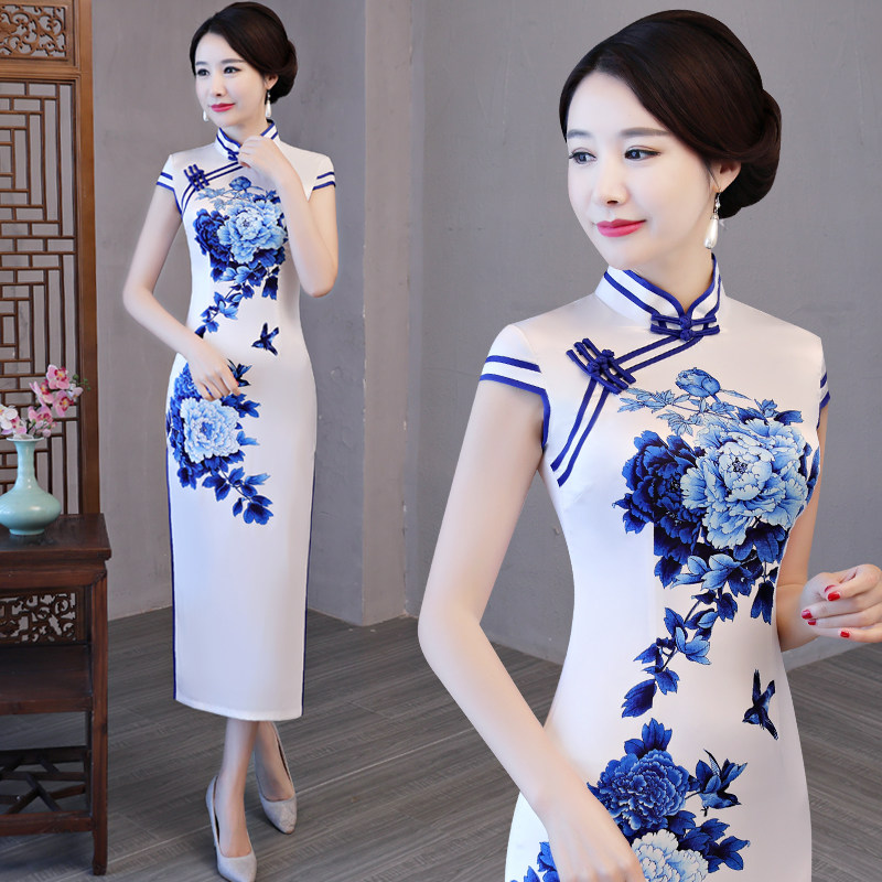 青花瓷旗袍走秀演出服大码中国风图片