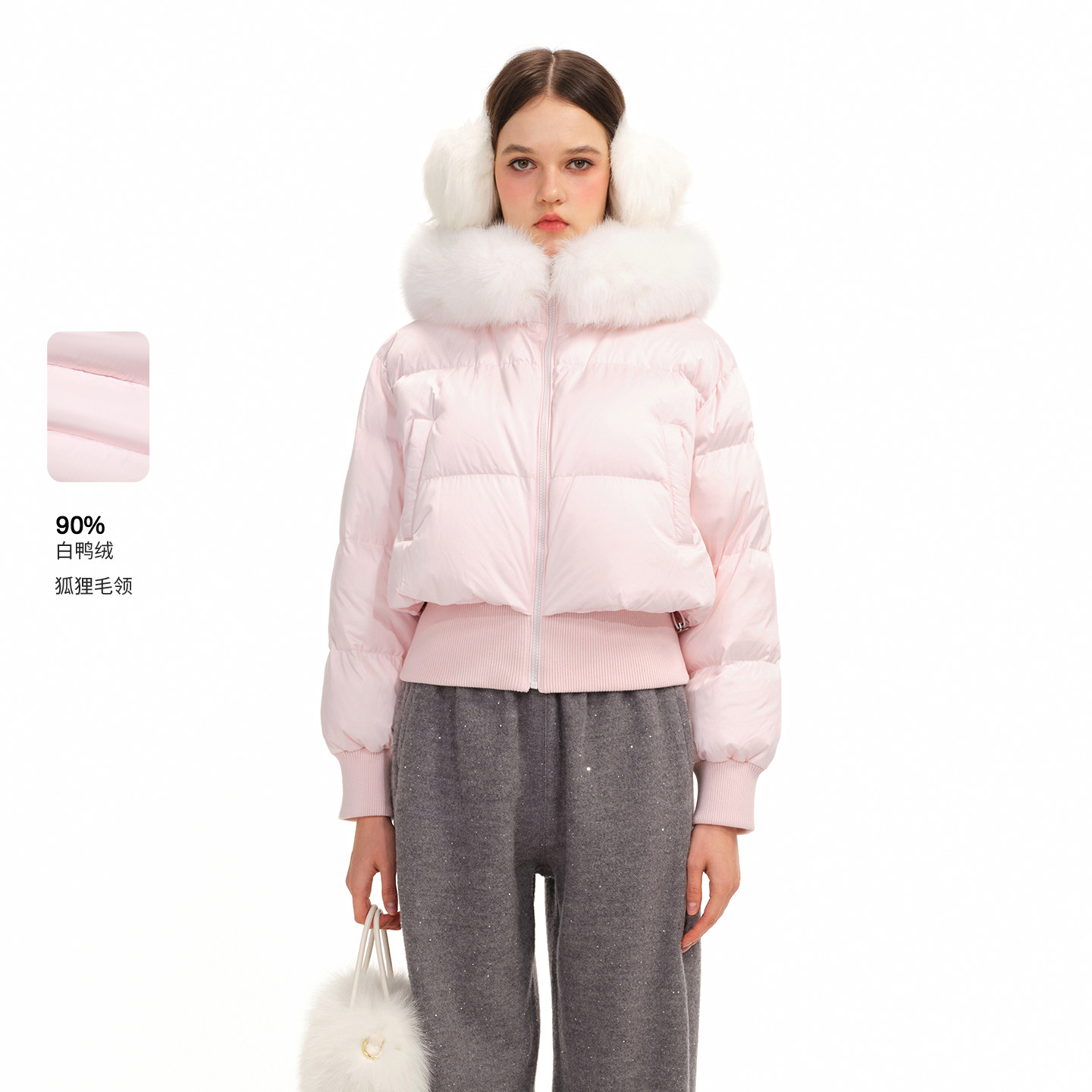 糖力狐狸毛领连帽90白鸭绒羽绒服
