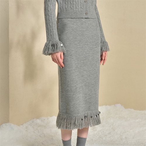 糖力中长款直筒裙珠片流苏半身裙
