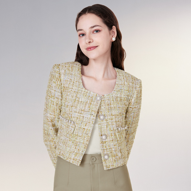 糖力小香风编织珍珠钻饰短外套女