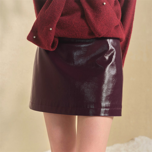 亮面PU皮裙女高腰显瘦A字半身裙