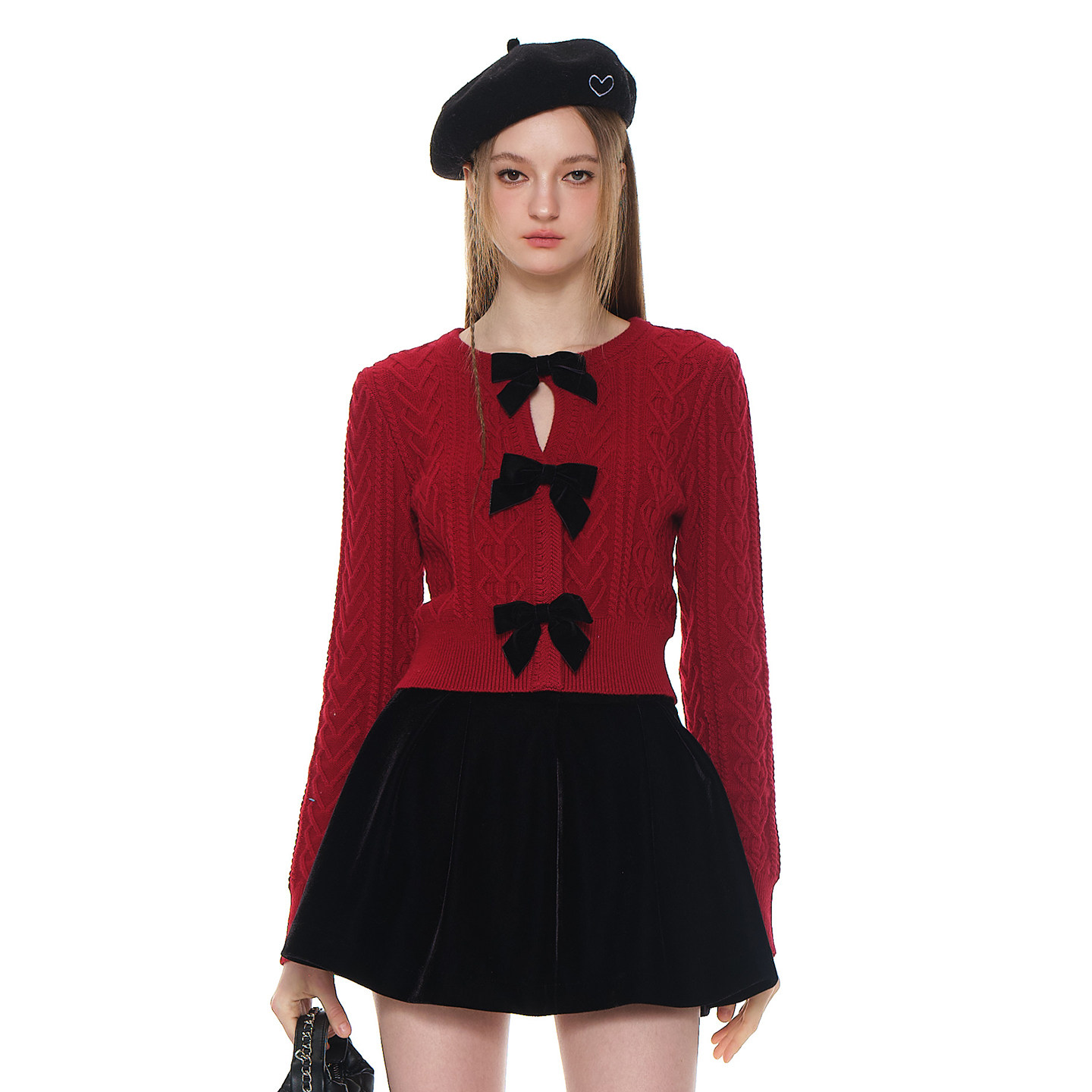糖力蝴蝶结羊毛混纺麻花针织衫女